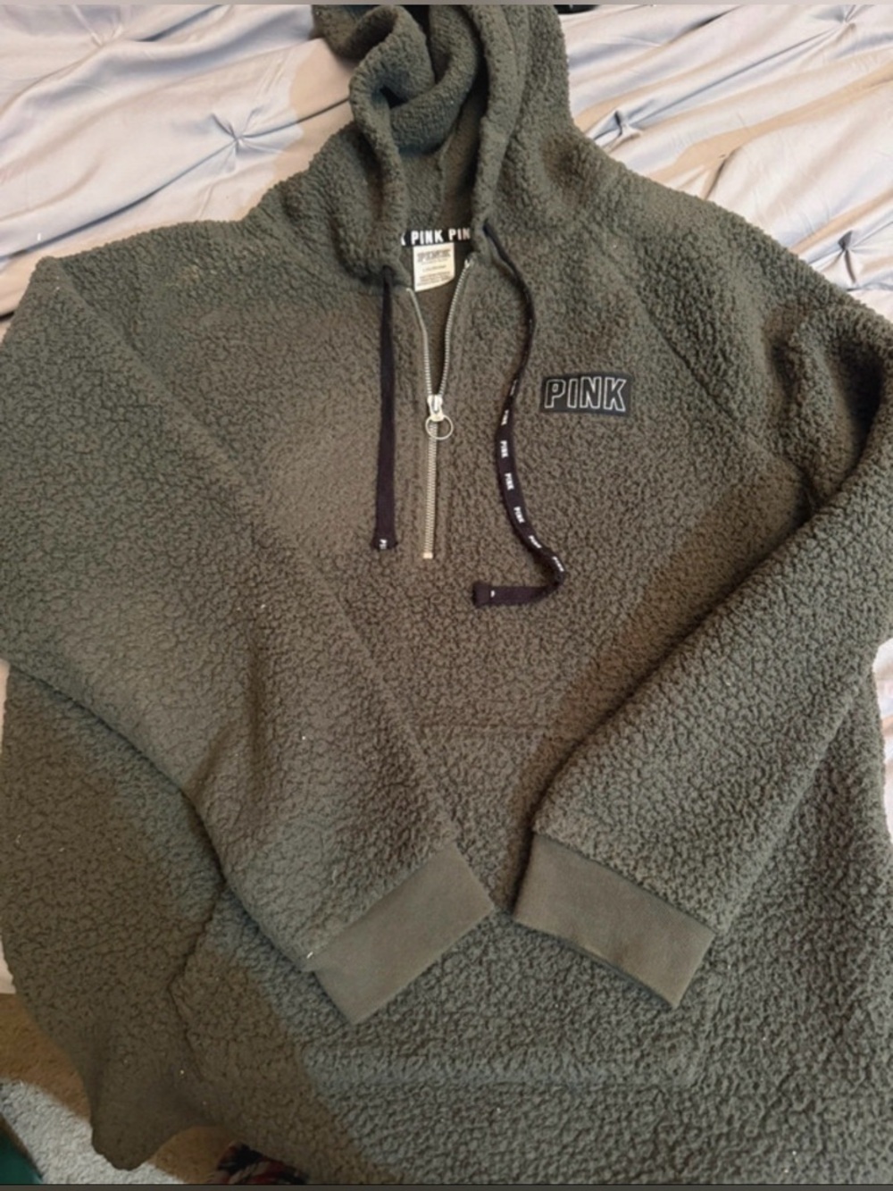 PINK Victoria's Secret Olive Green Sherpa Half-Zip Hoodie Size L Very Soft/Cozy